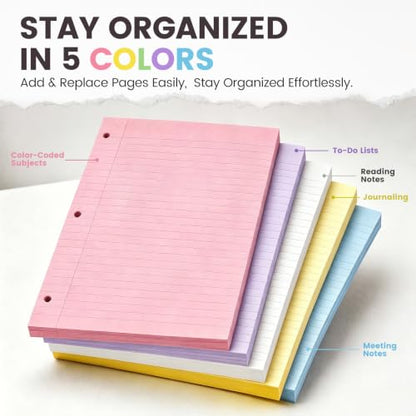 HIBOX Loose Leaf Paper Wide Ruled, 100 Sheets 8"x10.5" 3-Hole Punch, Pink | Anti-Bleed, 11/32" Spacing, Filler Paper for Binders, College, Office, School Supplies, Back to School & Classroom Must Haves - color: pink