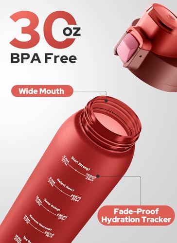 Opard Zip 30oz Plastic Water Bottle Dishwasher Safe, Leakproof Flip-Top Lid, BPA Free Tritan, Wide Mouth Reusable Sports Water Bottle for Gym Hiking Commuting Outdoor Travel and School - color: Cranberries Red, style: 30 Ounces