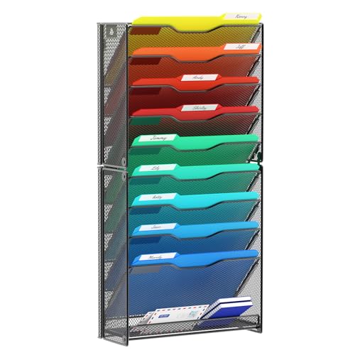 samstar 10 Tier Wall File Organizer, Hanging Wall Mount File Holder Paper Folder Mail Organizer, Mesh Metal, Black. - color: Black 10 Tier 1 Pack