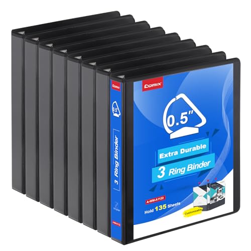COMIX Heavy Duty 0.5 inch Slant-D Ring View Binder, 1/2 inch 3 Ring Binders, Hold 125 Sheets of 8.5" x 11" Paper, 8 Pack (Black) - color: Black, size: 1/2 inch, style: 8 Pack