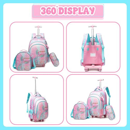 Meetbelify Girls Rolling Backpack Wheels Backpacks Kids Luggage for Elementary Preschool Students Cute Pink Mermaid Suitcase Trolley Trip Carry On Bag for Girls Ages 6-8 - color: 01 Pink Mermaid