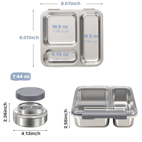 Pawtong Stainless Steel Bento Box Kids Adult with 7oz Insulated Food Jar, Transparent Lid Metal Lunch Box With Soup Thermal Jar, Lunch Box Container with Removable Divider & Sauce Cup School (Grey) - color: Gray