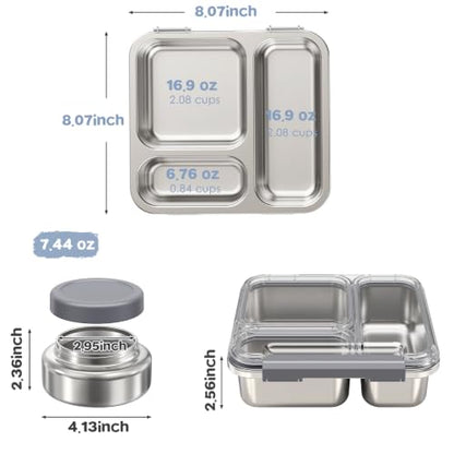 Pawtong Stainless Steel Bento Box Kids Adult with 7oz Insulated Food Jar, Transparent Lid Metal Lunch Box With Soup Thermal Jar, Lunch Box Container with Removable Divider & Sauce Cup School (Grey) - color: Gray