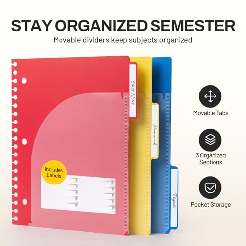 SUNEE Spiral Notebook, 3 Subject, College Ruled Paper, 8" x 10-1/2", 150 Sheets/300 Pages, 3 Pocket Colored Dividers, Water Resistant Cover, Black - color: Black
