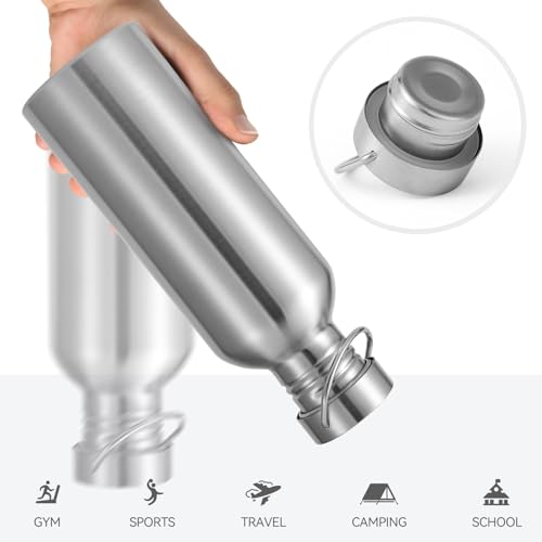 Volhoply 32oz Uninsulated Single Walled Water Bottle 4 Pack, Stainless Steel Reusable Water Bottles with Handle, BPA Free & Plastic Free 18/8 304 Metal Water Bottles for Camping, Hikers, Cyclists - size: 32 Ounces