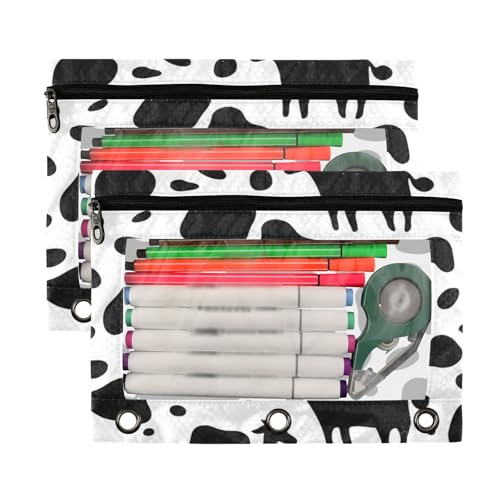 Kcldeci Pencil Pouch for 3 Ring Binder, Cow Print 2 Pack Binder Pencil Pouch with Clear Window Pencil Bags with Zipper Pencil Case for Binder - color: A08