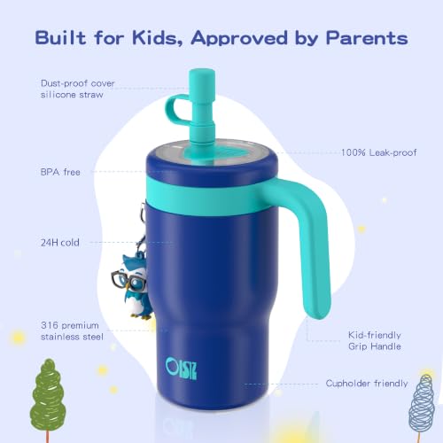 OISIZ 14oz Kids Tumbler with Straw Lid & Handle,Kids Cup with Animal Accessory for School,Kids Water Bottles with Dust-proof Cover,Leakproof Water Bottles,316 Stainless Steel,Keep Cold 24 Hours-blue - color: Midnight Blue
