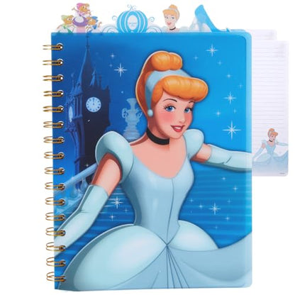 Disney Princess Cinderella Tab Journal, Spiral Notebook, Dividers, 8x7 Inch | Cinderella Vinyl Cover, 4 Tab Dividers, 96 Lined Pages, Disney Journal Notebook for School, Office, Work, Gifts, Girls, Cute - style: Cinderella