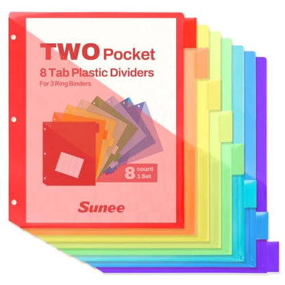 SUNEE 8 Tab Dividers with Pockets, Plastic Dividers for 3 Ring Binder, Subject Dividers with 2 Pockets, Binder Dividers for School Office Home Supplies, Bright Color, 1 Set