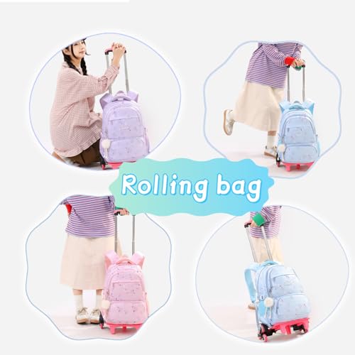 Star Print Rolling Backpack for Girls Kids Backpack with Wheels Roller Bookbag Trolley School Bag Wheeled Bag Blue - color: 2 Wheels 05 Blue, style: 2 Wheels