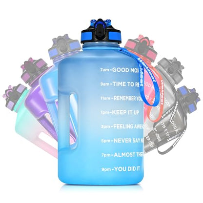 WEMEET 128oz Large Water Bottle with Straw and Time Marker, BPA FREE, 1 Gallon Reusable Motivational Water Bottle, for Gym, Travel, Camping, Hiking (Blue Blue) - color: Blue Blue