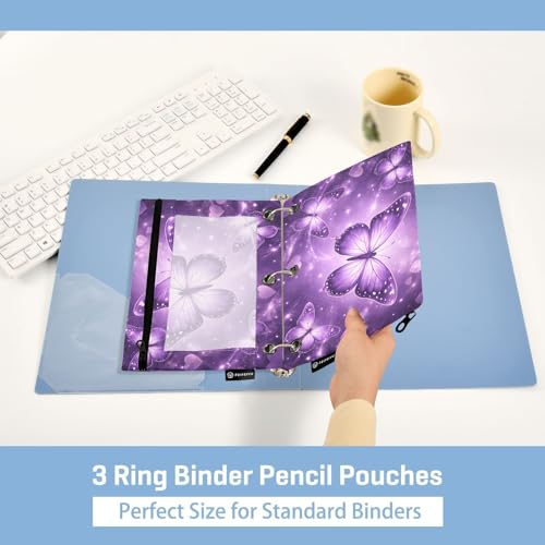 2 Pack Pencil Pouch for 3 Ring Binder Purple Glowing Butterfly Pencil Case Pouch with Clear Window Zipper Binder Pencil Pouches Pen Bag for Office School Supplies - color: Purple Glowing Butterfly