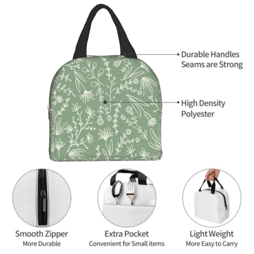 Nerxy Sage Green Insulated Lunch Bag Botanical Reusable Lunch Box for Kids Teens Herbs Plants Container Cooler Toddler Tote Bags for Women Men Picnic Travel Work Office - color: Green Botanical