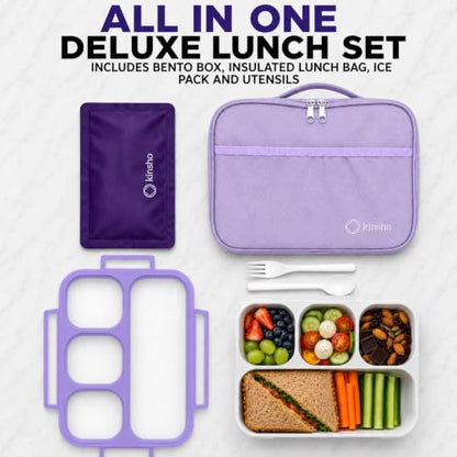 kinsho Lunch Boxes for Girls Teens Adults - Bento Box Set with Insulated Bag and Ice Pack, 4 Compartment Leak Proof Food Container, BPA-Free, Microwave Safe, Ideal for School & Work, Purple - color: Purple (4 Compartments)