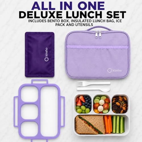kinsho Bento Lunch Box with Ice Pack, Bag and Utensils for Kids Adults - 4 Compartment Leak Proof Insulated Food and Snack Container, BPA-Free, Ideal for School & Work, Purple - color: Purple (4 Compartments)