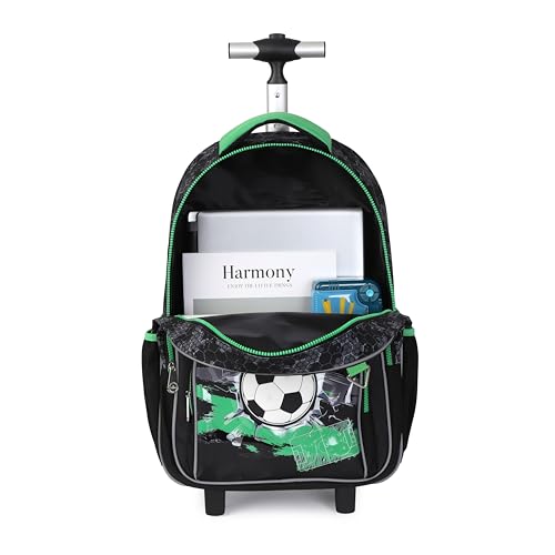 Kids Rolling Backpack for Boys, 5 PCS Cartoon Wheeled Backpack Set with Lunch Bag & Pencil Case, Durable Backpack with Wheels for School, Travel & Daily Use (Light Green) - color: Football Black