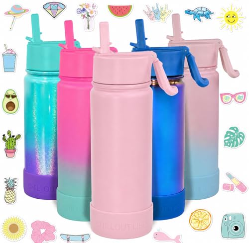 CHILLOUT LIFE 17oz Kids Insulated Stainless Steel Water Bottle with Leak Proof Straw Lid & 144 Stickers - color: Blush Pink, style: 17 oz