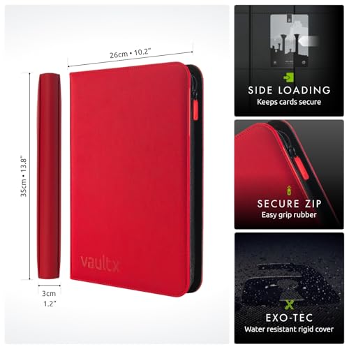 Vault X 9 Pocket Zip Trading Card Binder 360 Cards Exo-Tec (Red) | Holds 360 standard-size TCG cards in 20 side-loading 9-pocket pages. Padded, water-resistant Exo-Tec cover. - color: Red, size: 6.8cm x 9.7cm