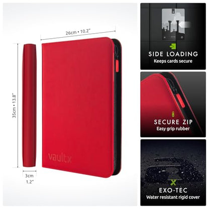 Vault X 9 Pocket Zip Trading Card Binder 360 Cards Exo-Tec (Red) | Holds 360 standard-size TCG cards in 20 side-loading 9-pocket pages. Padded, water-resistant Exo-Tec cover. - color: Red, size: 6.8cm x 9.7cm