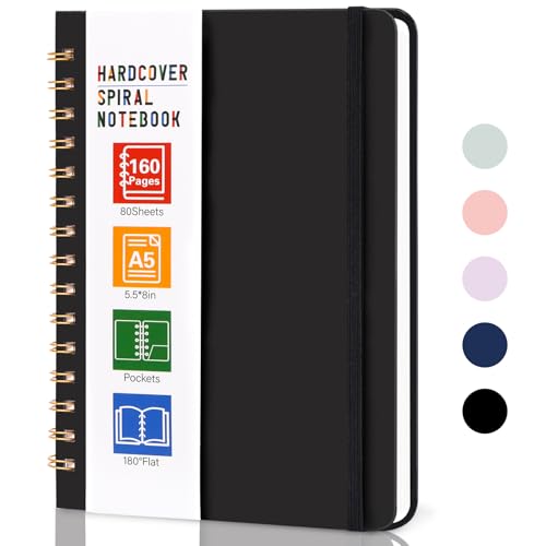 LABUK Spiral Notebook, 160 Pages A5 Lined Hardcover Notebook, 5.5 x 8in Spiral Journal for Women and Man, Work, Writing (Black) - color: 3-black, style: A5