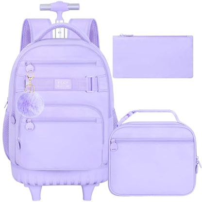 HPJGD 3PCS Rolling Backpack for Girls, Womens Purple School Backpacks with Wheels, Water Resistant Roller Kids Wheeled Bookbag Set - color: Classic Purple Rolling Backpack Set