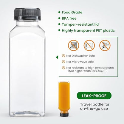 24 PACK, 12 OZ Reusable Thicker Plastic Juice Bottles with Caps, Leakproof | Plus 24 Labels & 2 Funnels, Clear Juicing Bottles for Juice, Smoothies, Ginger, Tea, Coffee -Food Grade & Travel & Freezable - size: 12oz