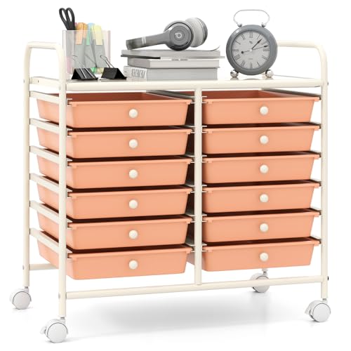 Giantex 12 Drawers Rolling Cart, Mobile Storage Drawer Cart, Classroom Organizer Cart for Office School Supplies Tools Scrapbook Paper Craft Small Printer, Utility Cart on Wheels, Peach Fuzz - color: Peach Fuzz, size: 25” x 15” x 24.5”(12 Drawers)
