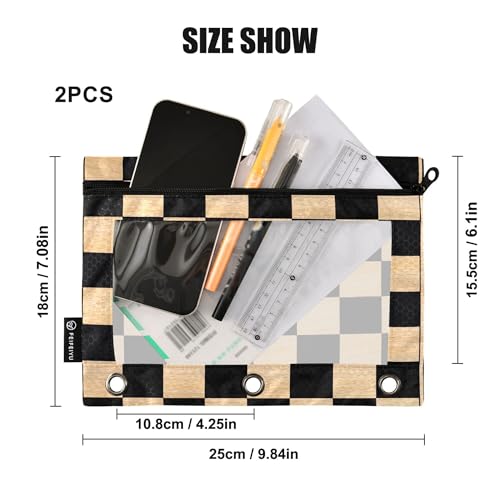 Sandybrown Chessboard Binder Pouches 3 Ring for Boys Girls School Office College Supplies Black Buffalo Plaid Brown Pencil Pouches Case Bag with Clear Window and Zipper 2 Pack - color: Sandybrown