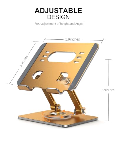 Orlian Tablet Stand Holder with Thickened 360°Rotating Base Dual Rod Adjustable Aluminum Stand for All 5.8-12.9” iPad Samsung Phone Tablet Kindle E-Reader and More, Gold - color: Gold