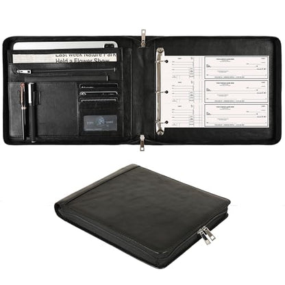 Personalized 3 Ring Check Binder, Engraved Business Checkbook Holder, Zippered for 3 & 9 Holes Checks, 3 on a Page, Oil Black - Custom - color: Oil Black, size: Custom