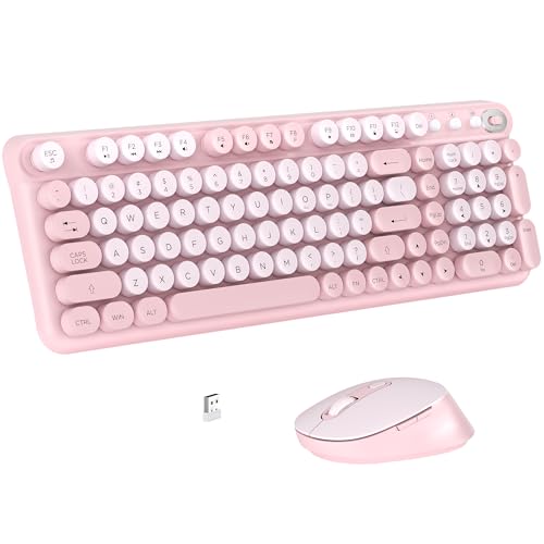 Links9+ Wireless Keyboard and Mouse Combo, Full Sized (Pink) | Retro Typewriter Keyboard Style, 2.4G USB Receiver, Plug-and-Play, Keyboard Mouse Set for PC, Laptop, Tablet, Windows and MAC - color: Pink