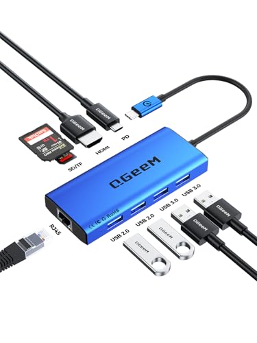 QGeeM USB C Hub Ethernet,9 in 1 USB Type C Hub HDMI Multi-Port Converter Adapter,100W Pd, USB 3.0,SD/TF Card Reader,Compatible for MacBook Pro Air Ipad HP Dell Lenovo Chromebook etc.-Blue - color: Blue