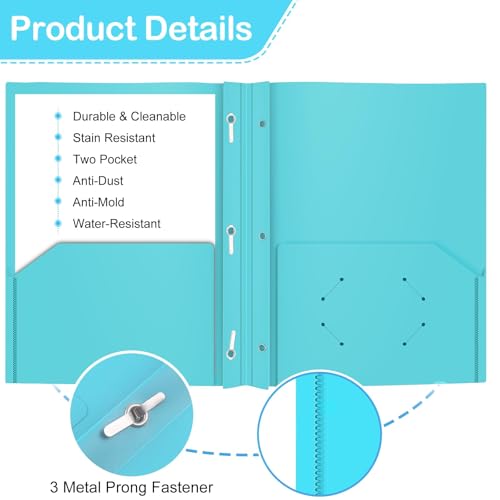 ViVin 12 Pack Plastic Folders with Pockets and Prongs, Heavy Duty 2 Pocket Folders with 3-Prong Fasteners, Poly File Holds 8-1/2" x 11" Paper for School Office Home (Lake Blue) - color: Lake Blue, size: 12 PACK