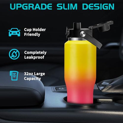 32oz Stainless Steel Water-Bottle with Straw -Keeps Cold 48h & Hot 24h, Insulated Water Bottles w/Strap Carrier Pouch & Boot, Travel Cup Fits in Car Cup Holder - color: Yellow Rose-red, size: 32 Ounces