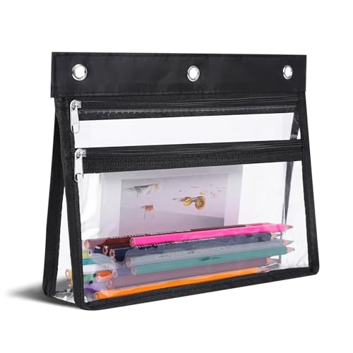 YoeeJob Pencil Pouch for 3 Ring Binder with 1.5 inch Expandable Large Capacity, Double Pockets Zipper Pencil Case, Pencil Binder Pouch for School Office Home - color: black