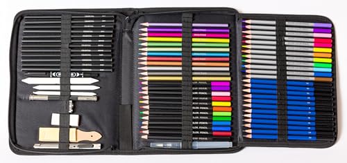 Leda Art Supply 71-Piece Professional Drawing Set, Canvas Case,Nub Extender | 60 Drawing Pencils, Colored, Charcoal, Watercolor, Metallic, Graphite, Marker, Blenders, Erasers, Sharpener