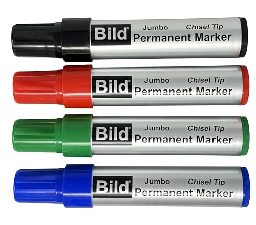 Bild Jumbo Permanent Markers, Chisel Tip, 4 Colors - Black, Red, Green, Blue - Waterproof Quick-Drying Ink, Extra Large Thick Wide Tip for Cardboard, Posters, Shipping Boxes (Black, Blue, Green, Red)