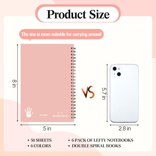 Lewtemi 6 Pack Small Left Handed Notebook 8"x5" Lefty Spiral Notebooks Wire Bound Mini Notebook 50 Sheets College Ruled Paper Journal(Colorful) - color: Colorful