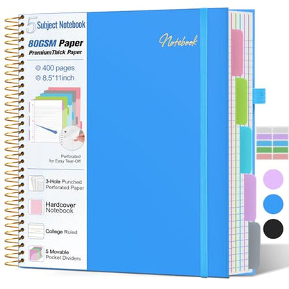 5 Subject Notebook College Ruled,80GSM Paper Thick Hardcover Spiral Notebook Lined Journal with Removable Dividers Tabs,400pages 8.5"x11" Paper Large Notebooks for School Work,3-Hole Punched, Blue - color: Blue