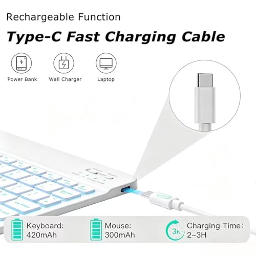 Mini Bluetooth Keyboard, Small Portable Wireless Rechargeable Keyboard with 7-Color RGB Backlit for iPad iPhone Android Samsung Tablet Smartphone(White) - color: White