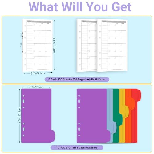 Antner A6 Monthly Planner Refill Paper for A6 6-Ring Refillable Binder, 135 Sheets Monthly Loose Leaf Filler Paper with Weeklypoint/Daily Section & 12 PCS Binder Dividers for Agenda Work Schedule - color: Monthly Plan Paper
