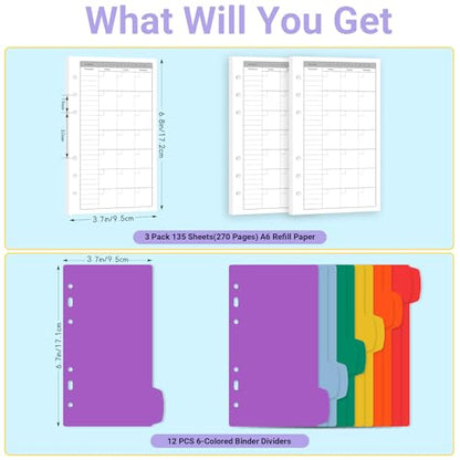 Antner A6 Monthly Planner Refill Paper for A6 6-Ring Refillable Binder, 135 Sheets Monthly Loose Leaf Filler Paper with Weeklypoint/Daily Section & 12 PCS Binder Dividers for Agenda Work Schedule - color: Monthly Plan Paper