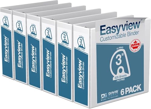 Easyview Premium 3-Ring Binders with Clear-View Covers and D Rings, Binders for School or Office, 3 Inch, Pack of 6, White - color: White, size: 3 Inch, style: Pack of 6