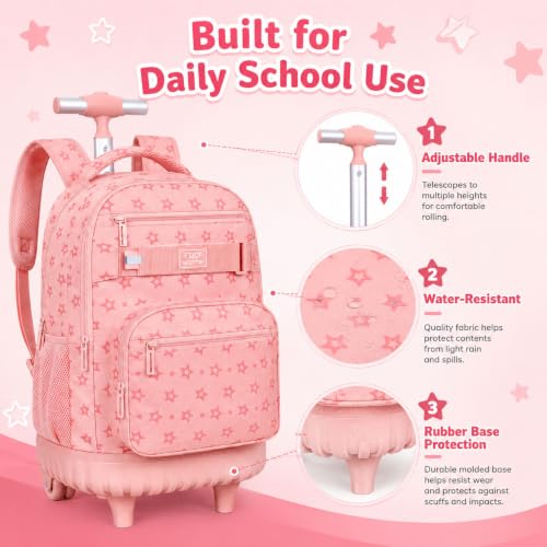 HPJGD 3PCS Rolling Backpack for Girls, Pink Star Roller School Backpacks with Wheels, Water-Resistant Wheeled Bookbag Set - color: Pink Star Rolling Backpack Set