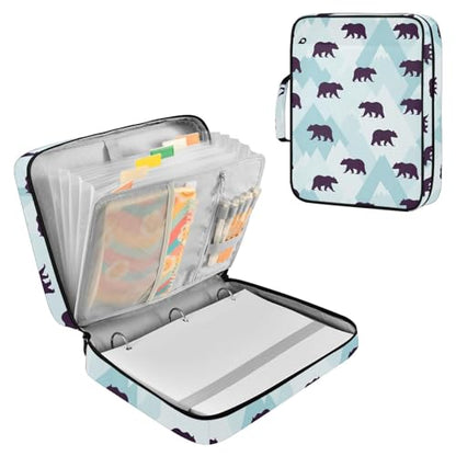 Heavy-Duty 3-Hole Ring System Binder Organizer Portfolio with 7-Pocket Expandable Filing Layer and Inner Stationery Pockets for School Office Documents Bears Purple