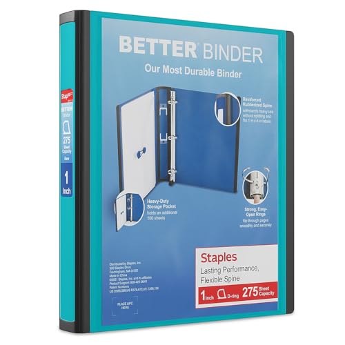 Staples Better Binder 1-Inch D-Ring View Binder, Reinforced Spine, Holds Up to 275 Sheets, Teal, for Office & School - color: Teal, size: 1-Inch, style: 1 Pack