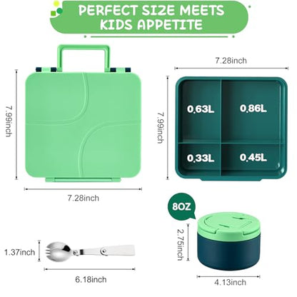MAXSO Bento Lunch Box Set for Kids with 8 oz Soup Thermo, Leakproof Hot Food Container with 4 Compartments, Insulated Food Jar for Toddler Daycare Boys Girls School - Green - color: Green