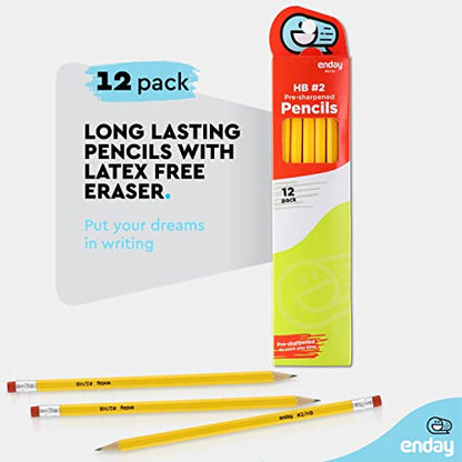 Enday Pencils 2 Wood Cased, Pre Sharpened Yellow Pencils #2 with Latex-Free Eraser, Durable School and Drawing Graphite Pencil, No 2 Soft Pencils for Kids and Adults, Box of 12