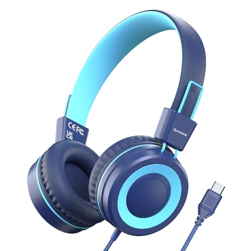 Bywulanda Upgrade USB Type C Kids Headphone for School, 94dB Safe Volume Limited, HD Stereo Sound, Foldable Lightweight On-Ear Headphones for Boys/Girls/Students/Tablet/Travel (Dark Blue) - color: Dark Blue