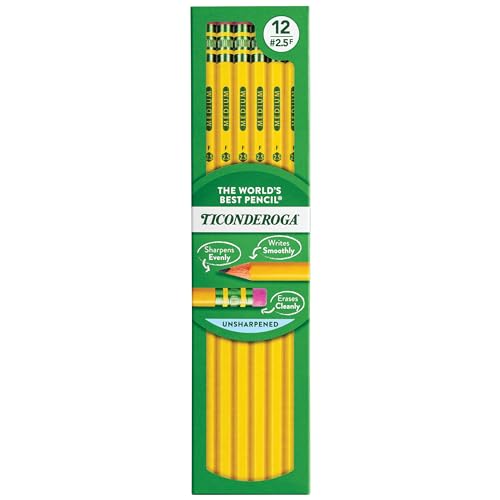 Ticonderoga Wood-Cased Pencils, Unsharpened, #2.5 F Medium, Yellow, 12 Count - size: 12 Count (Pack of 1), style: #2.5 Medium